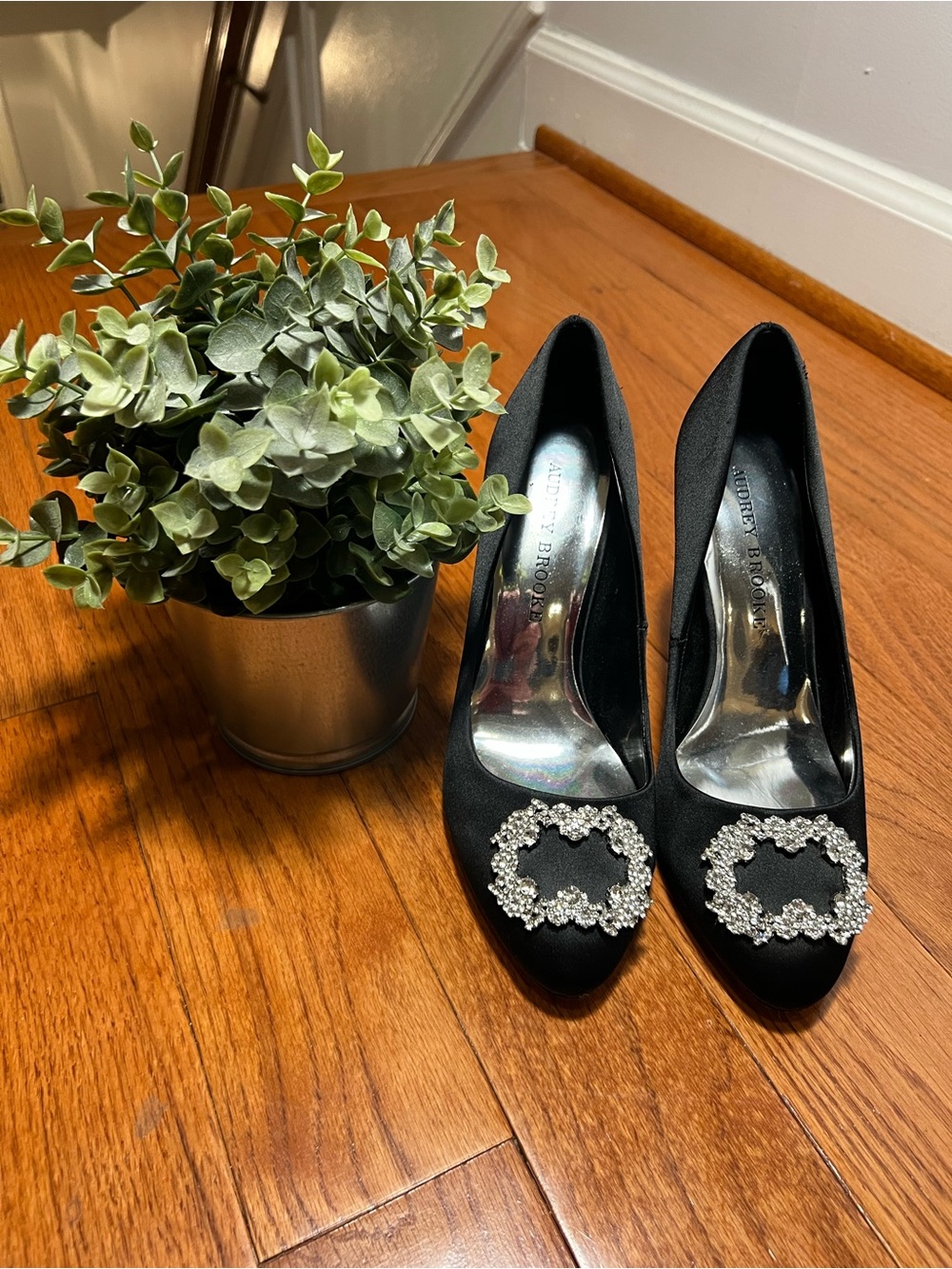 Audrey Brooke Black Satin Crystal Buckle Pumps